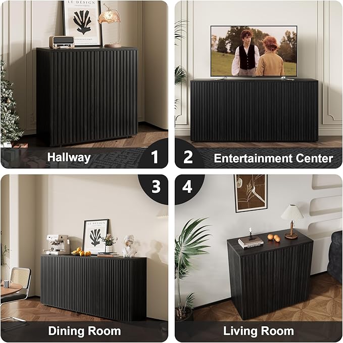 Rophefx Fluted Sideboard Cabinet, Buffet Cabinet with Storage, Credenza Storage Cabinets with Adjustable Shelf, Wood Entryway Cabinets with Pop-up Doors for Living Room, Entryway, Hallway, Black Grey