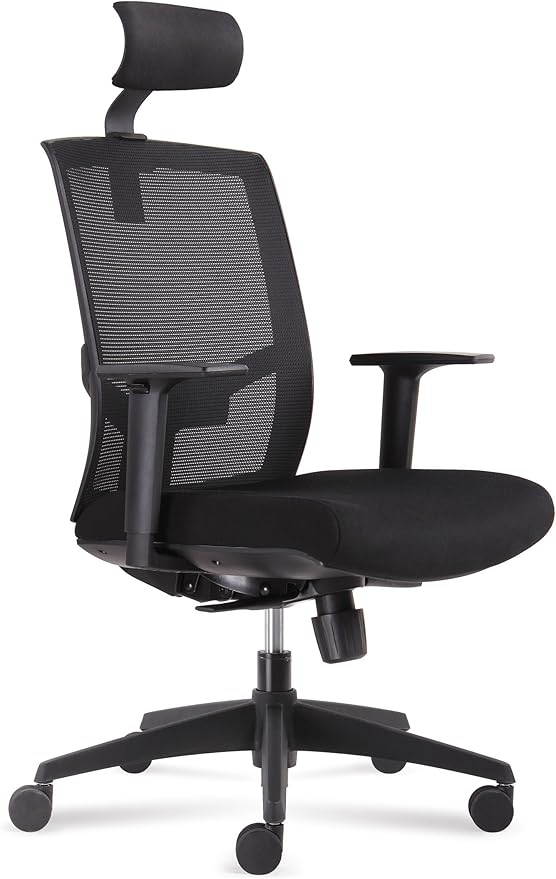Office Chair high backrest with Black mesh Seat & headrest with Black Fabric Synchronized Mechanism Thick Seat Cushion - Adjustable Head & Arm Rests, Seat Height - Reclines