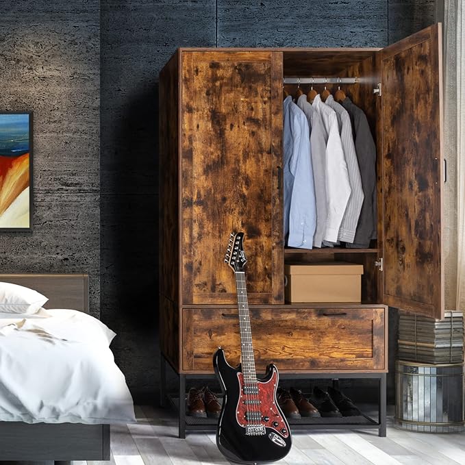 VINGLI 38" W Armoire, Wardrobe Closet with Hanging Rod, Bedroom 71" Freestanding Wardrobe Cabinet with Doors, Adjustable Shelves and Drawer, Open Compartment, Rustic Brown