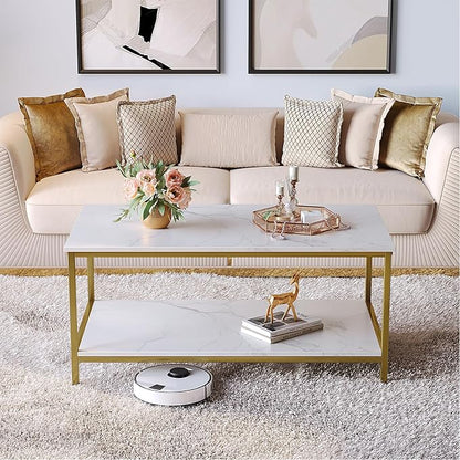 SAYGOER Coffee Table with Storage 2-Tier Industrial Center Table for Living Room, Rectangle Wood Table for Small Spaces Apartment Home Office, White Gold, Two-Tier(39.4x19.7x17.7)