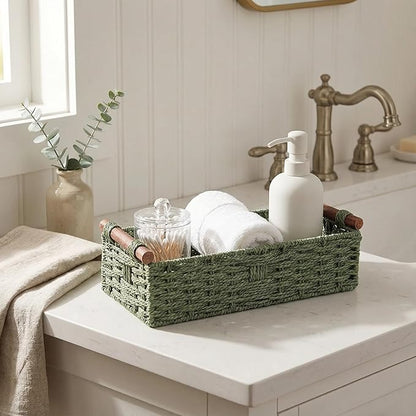Toilet Paper Basket, Green Wicker Storage Basket with Wooden Handles, Handwoven Paper Rope Toilet Tank Top Organizer, Countertop Basket for Top of Toilet, Wicker Bathroom Baskets for Organizing