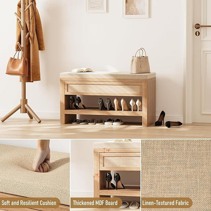 Shoe Bench with Storage Drawer, Farmhouse Wooden Entryway Bench with Linen Cushion, Freestanding Shoe Rack with Open Shelf for Hallway Front Door Living Room Bedroom