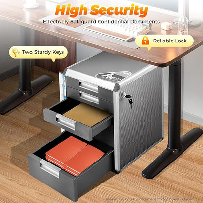 Desk Organizer with 5 Drawers, Metal Desktop Storage Cabinet File Holder with Locks and Keys, Filing Case Literature Organizer for Office Home, L12.4*D13.8*H16in, Silver & Grey