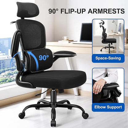 Ergonomic Office Chair, Mesh Desk Chair with Lumbar Support, High Back Home Office Chair with Adjustable Headrest and Flip-Up Arms, Comfortable Computer Chair, Thick Cushion,Black-4 Pack