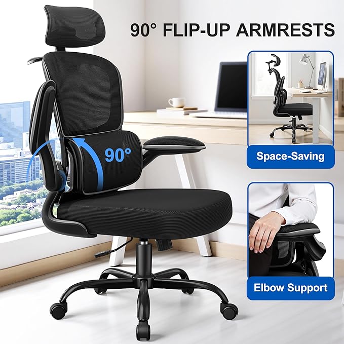 Ergonomic Office Chair, Mesh Desk Chair with Lumbar Support, High Back Home Office Chair with Adjustable Headrest and Flip-Up Arms, Comfortable Computer Chair, Thick Cushion,Black-8 Pack