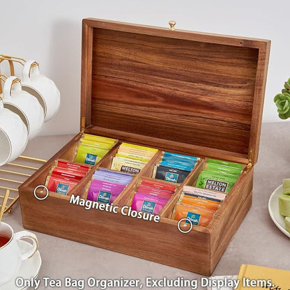 SARUFO Acacia Wood Tea Bag Organizers, Tea Packet Storage Boxes, 8-Compartment Tea Caddy for Tea Bags Chest, Teabag Holder Containers, Teabox Station Display