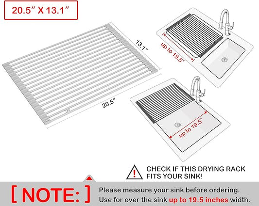 Surpahs 20.5 x 13.1 Inch Roll-Up Dish Drying Rack, Fits Across Sink Openings up to 19.5 Inches, Heavy-Duty Premium Silicone, Strong Support, Non-Slip, Heat-Resistant, Warm Gray