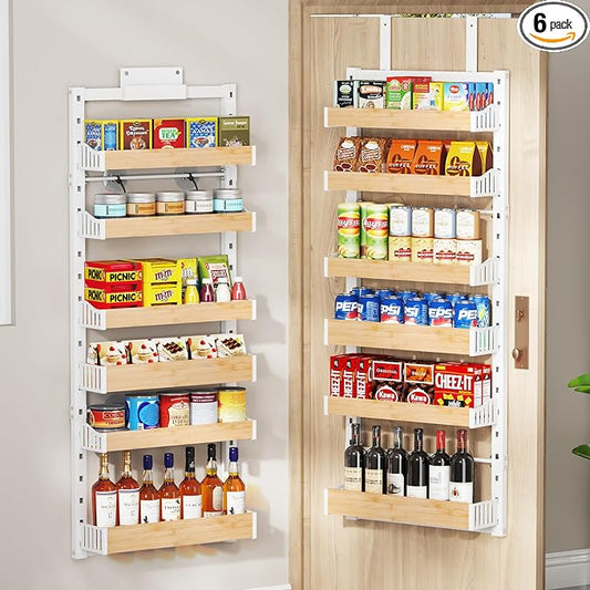 6-Tier Over The Door Pantry Organizer, Heavy-Duty Metal Wall Mount or Hanging Spice Rack, behind the door storage Shelves with Adjustable Basket, Back of Door Organizer for Kitchen Cabinet and Closet