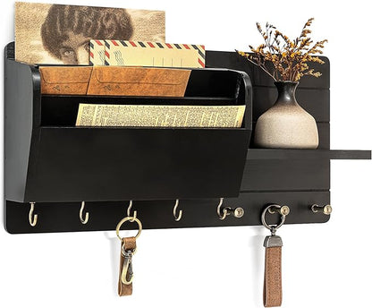 Rebee Vision Pine Wood Modern Key Holder Wall Mount for Home Decor - Mail Holder Wall Mounted with Floating Shelf & Hooks for Home Improvement - Rustic Farmhouse Decor Mail Organizer (Black)