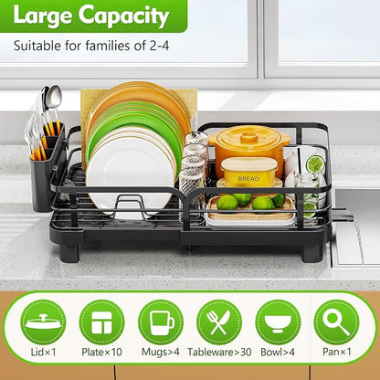 TOOLF Dish Drying Rack, Expandable Dish Racks for Kitchen Counter, Stainless Steel Dish Drainer with Drainboard Set & Cutlery Holder, Rust-Proof, 13.7“-20.5”L x 12.8“W, Black