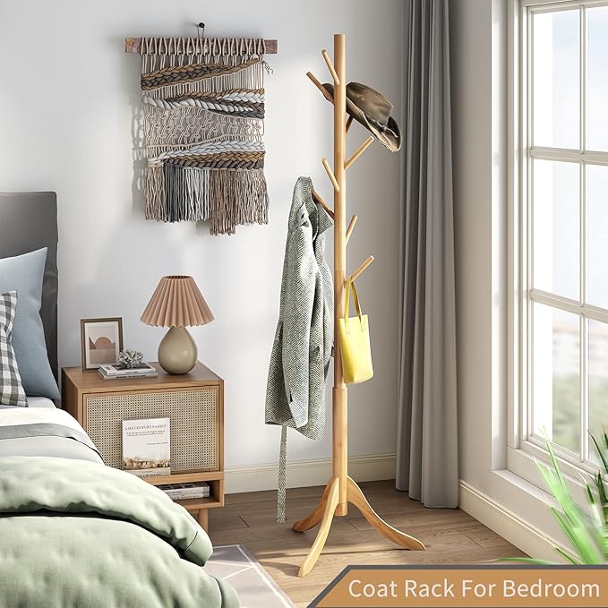 Coat Rack Freestanding, Coat Stands Entryway, Bamboo Coat Rack Hat Hanger 8 Hook for Jacket, Purse, Scarf Rack, Umbrella Tree Stand (Natural)