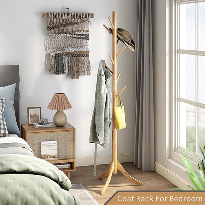 Coat Rack Freestanding, Coat Stands Entryway, Bamboo Coat Rack Hat Hanger 8 Hook for Jacket, Purse, Scarf Rack, Umbrella Tree Stand (Natural)