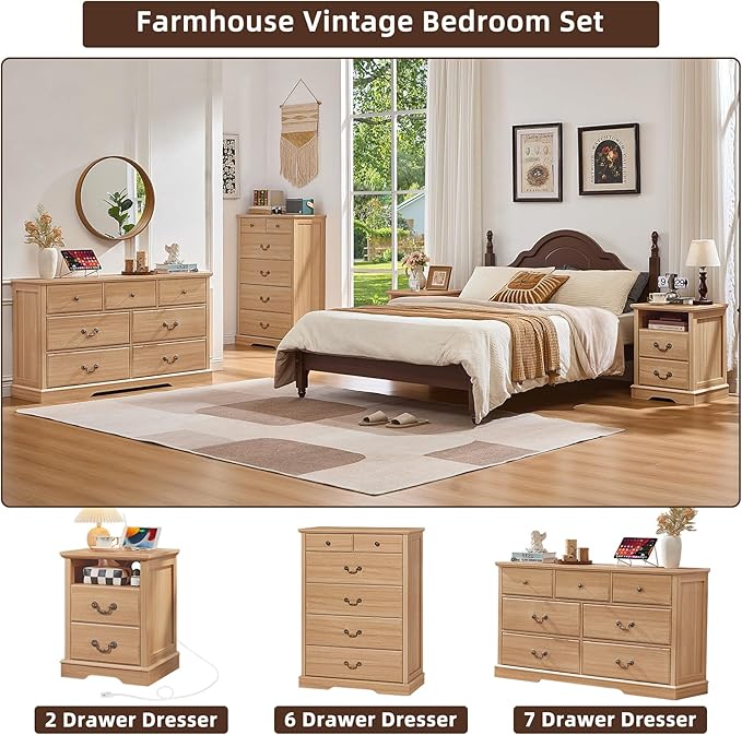 Farmhouse 7 Drawer Dresser for Bedroom, 57" Wide Wood Rustic Chest of Drawers, Farmhouse Chest of Drawers for Bedroom, Wood Drawer Organizer for Bedroom, Hallway, Natural