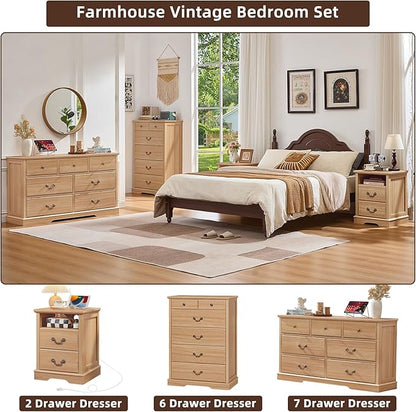Farmhouse 7 Drawer Dresser for Bedroom, 57" Wide Wood Rustic Chest of Drawers, Farmhouse Chest of Drawers for Bedroom, Wood Drawer Organizer for Bedroom, Hallway, Natural