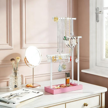 SRIWATANA Jewelry Organizer Stand, Extra Tall Necklace Holder Jewelry Holder, Gift Idea (Pink & White)