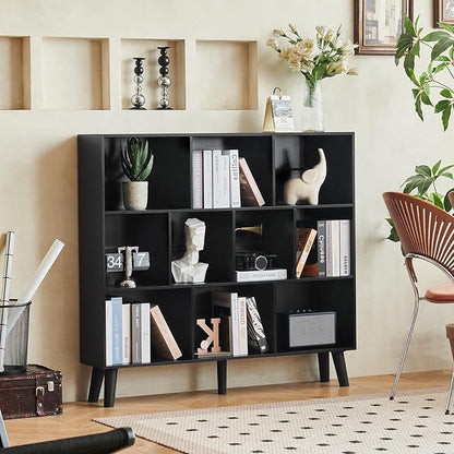 LEYAOYAO 10 Cube Bookshelf,3 Tier Modern Wide Bookcase with Legs,Mid-Century Wood Bookshelves Storage，Black Large Book Case,Freestanding Organizer Display Shelf for Bedroom,Living Room,Office