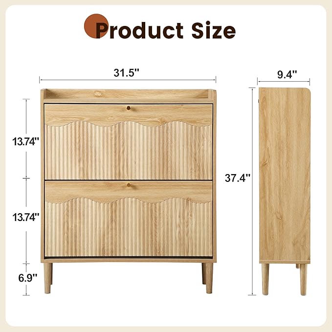 BERRYMERRY 31.5” Fluted Shoe Storage Cabinet Storage for Entryway, 2 Flip Drawers Narrow Shoe Organizer Cabinet with Wave Profile for Hallway,Living Room