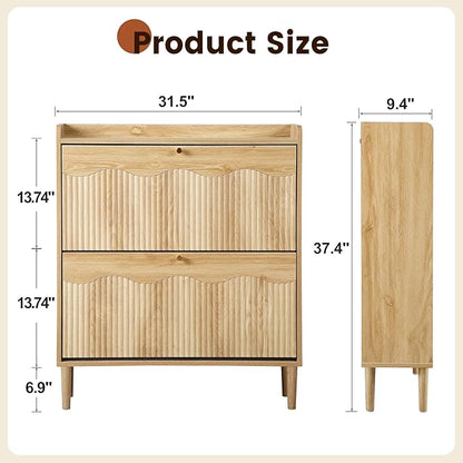 BERRYMERRY 31.5” Fluted Shoe Storage Cabinet Storage for Entryway, 2 Flip Drawers Narrow Shoe Organizer Cabinet with Wave Profile for Hallway,Living Room