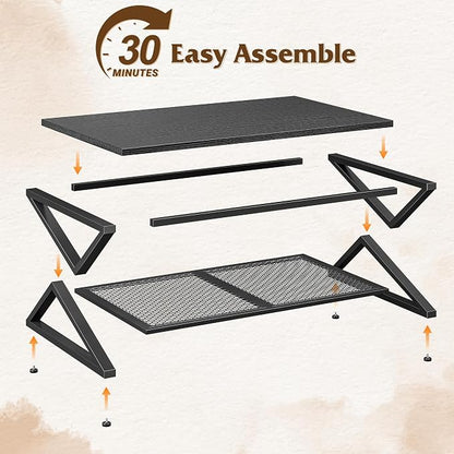 EnHomee Black Coffee Table with Storage, Modern Coffee Tables with Mesh Shelf, 2 Tier Minimalist Industrial Center Table for Living Room, Office, 47.2 Inch, Black Oak