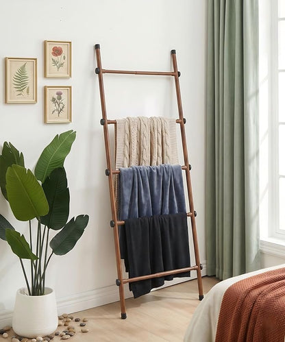 SIBRAD Expandable Blanket Ladder for Living Room, Adjustable Width (17.3"-32.3") Tall Metal Quilt Rack Wall Leaning, Rustic Brown Wood Grain 5-Tier Blanket Holder, Heavy Duty 45 Lbs Capacity