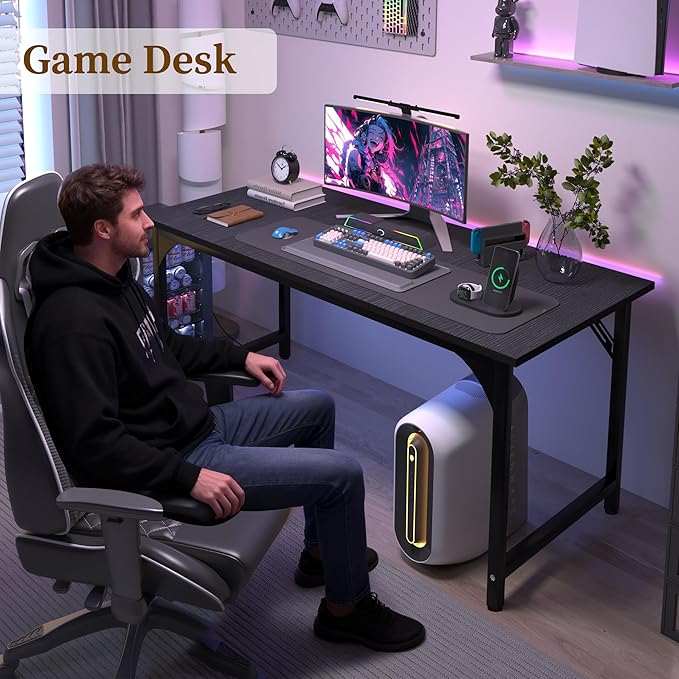 AZN Computer Desk, 55in Computer Desk, Office Desk w/Sturdy Metal Frame, Office Desk w/Water-Resistant, Scratchproof Surface, Home Office Desks w/Large Legroom for Work Study Writing Gaming, Black