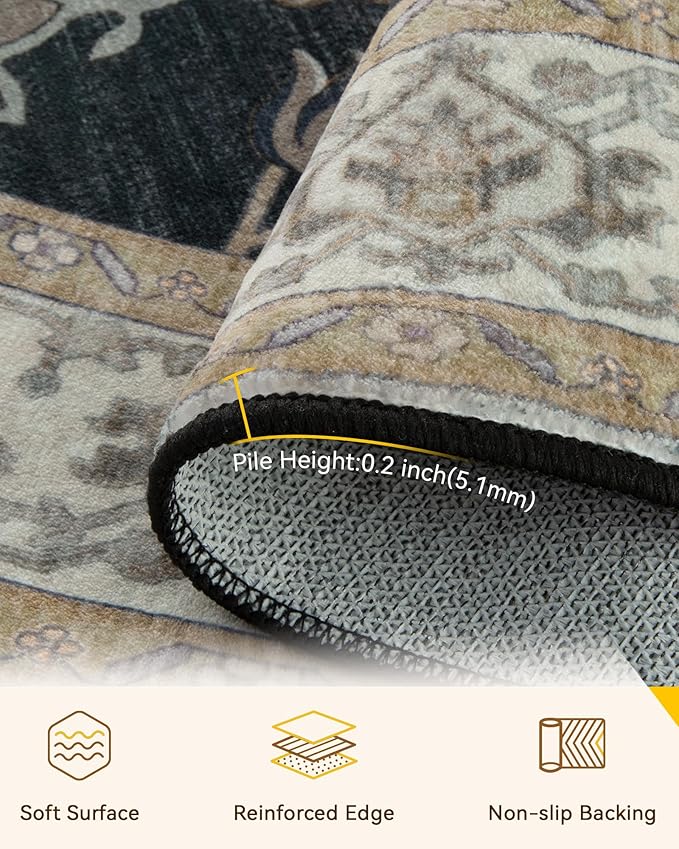 RELEANY Area Rugs Round 8ft Washable Non-Slip, Floral Vintage Distress Medallion Carpet for Living Room Bedroom Dining Room, Vintage Black Brown Neutral