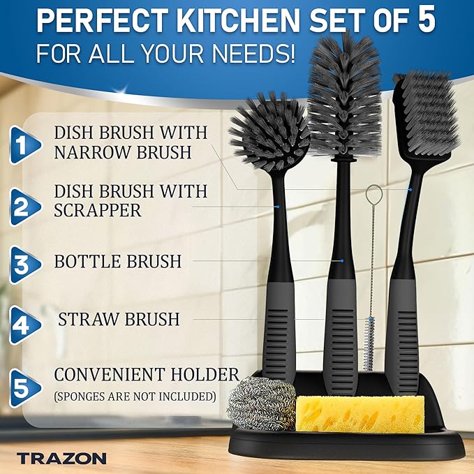 Dish Brush Set of 5 with Holder - Kitchen Scrub Brushes with Non-Slip Long Handle for Cleaning, Scrubber, Dishwashing, Dishes, Bottles, Straws, Cups, Pots & Sink, Black