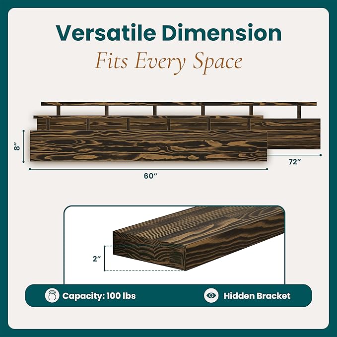 Howizz 60'' Pine Wood Floating Shelf for Wall - Rustic Wall Mounted Wooden Shelf for Stylish Home Décor, Fireplace Mantel 60inch (Dark Brown, 60x8x2) - 1pcs