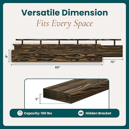 Howizz 60'' Pine Wood Floating Shelf for Wall - Rustic Wall Mounted Wooden Shelf for Stylish Home Décor, Fireplace Mantel 60inch (Dark Brown, 60x8x2) - 1pcs