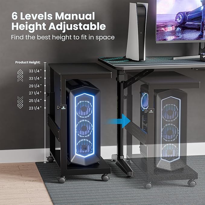 EUREKA ERGONOMIC PC Stand Computer Cart, Height Adjustable Tower Stand 2-Tier Suit for ATX Case Printer, Metal Rolling Cart on Wheels for Gaming Home Office, Carbon Fiber,Home Office Organization