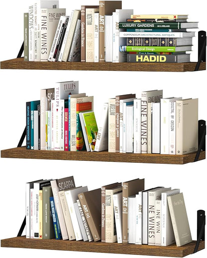 upsimples Floating Book Shelves for Wall, 23.6 Inches Floating Wood Shelves for Living Room, Laundry Room, Bedroom, Office Organizer and Storage, Brown