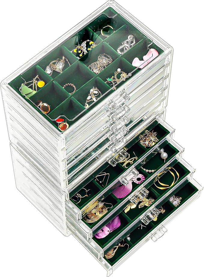 ProCase Earring Holder Organizer Jewelry Box with 10 Drawers, Acrylic Clear Earring Case with Adjustable Velvet Trays for Women - Emerald,10 Layers