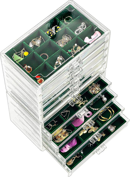 ProCase Earring Holder Organizer Jewelry Box with 10 Drawers, Acrylic Clear Earring Case with Adjustable Velvet Trays for Women - Emerald,10 Layers