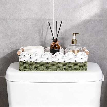 Scalloped Edge Toilet Paper Storage Basket for Bathroom Decor,Handwoven Small Paper Rope Tank Basket for Over Toilet Storage Shelf, End Table,Shelves and More, with 2 Wooden Handle