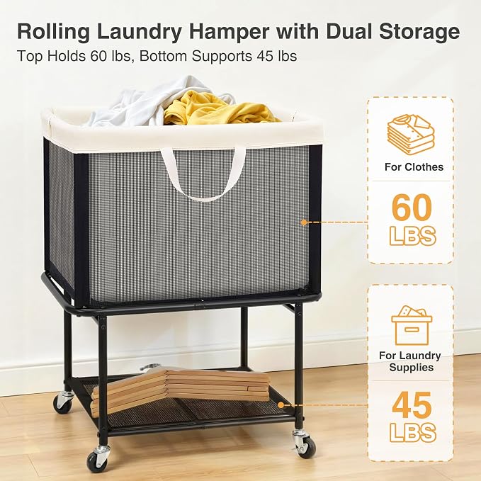 STO STO Rolling Laundry Hamper with Lockable Wheels, 29-Gallon (110L) Laundry Cart with Removable Canvas Bag, 2-Tier Clothes Basket Hamper with Shelf for Closet, Bedroom, Bathroom, Laundry Room, Beige