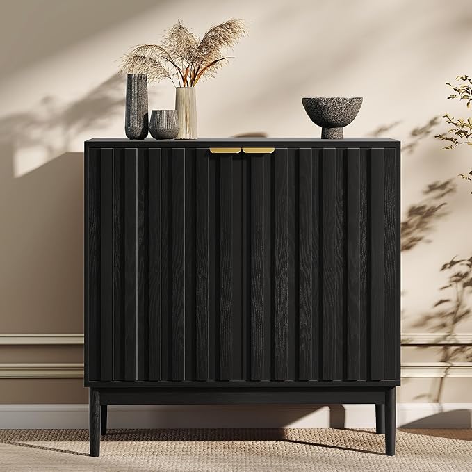 Fluted Cabinet with Storage, Buffet Cabinet Sideborad with 2 Doors, Black Buffet Storage Accent Cabinets with Adjustable Shelves for Living Room, Entry, Hallway, Kitchen
