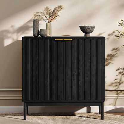 Fluted Cabinet with Storage, Buffet Cabinet Sideborad with 2 Doors, Black Buffet Storage Accent Cabinets with Adjustable Shelves for Living Room, Entry, Hallway, Kitchen