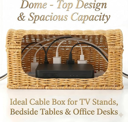 Large Rattan Cable Management Box, Decorative WiFi Router & Modem Hider | Ventilated, Waterproof, Easy Clean, No Assembly, Decorative Cable Organizer
