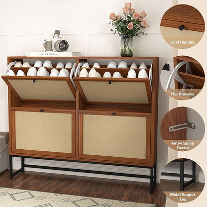 Shoe Cabinet, Shoe Storage Cabinet with 4 Flip Drawers, Freestanding Shoe Organizer Shoe Rack for Entryway, Hallway, Living Room (Walnut - 8 Tiers)