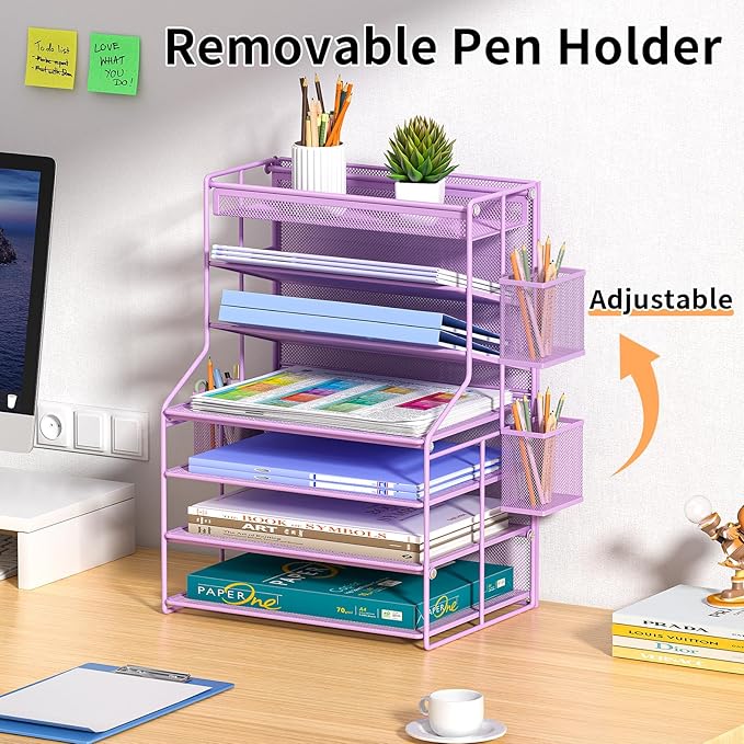 7 Tier Desk File Organizer,Metal Document Holder with Adjustable Shelves, Pull-Out Drawer & Removable Pen Holder for Office Organization,Purple