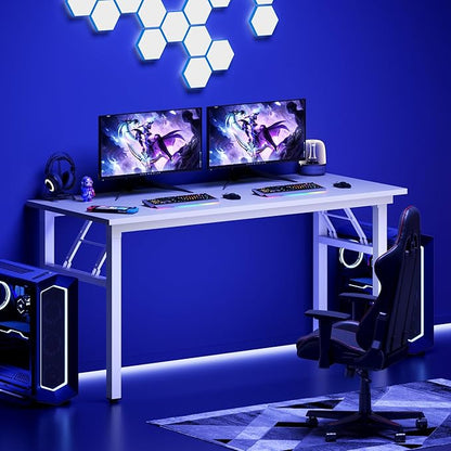 DlandHome Computer Desk, 59.8Inch Office Desk Computer Table, Study Writing Study Desk for Home Office, White Desktop and White Frame