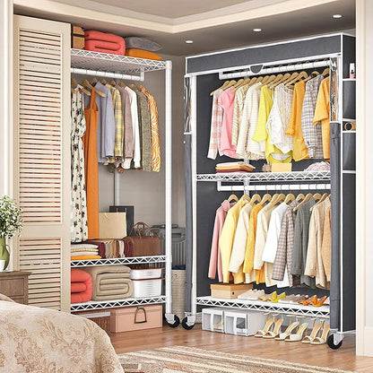 Raybee Rolling Clothes Rack with Cover, 81" H Heavy Duty Clothing Rack with Adjustable Shelves, Portable Wardrobe Closet with Visible Window, Double Rod Garment Rack on Wheels, Max Load 440LBS, White