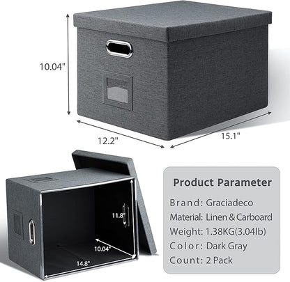 Graciadeco File Organizer, Collapsible Storage Filling Box with Lid for Letter Legal Size Hanging Folders Decorative Linen File Folder Box Document Storage Filing Bin, Dark Gray 2 Pack