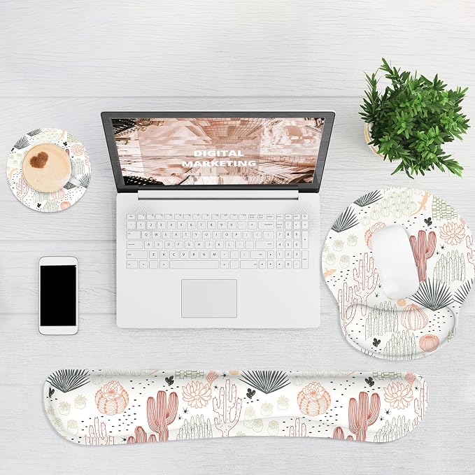 Ergonomic Mouse Pad with Wrist Rest and Keyboard Wrist Rest, Mousepad and Wrist Rest for Computer Keyboard, Pain Relief, Non-Slip Rubber Base, Mouse Pad with Wrist Support for Gaming, Office, Cactus