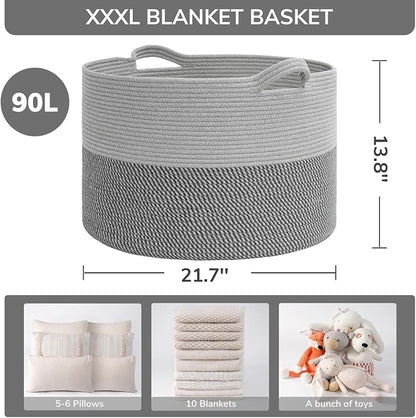 INDRESSME Extra Large Laundry Basket, Cotton Rope Blanket Basket for Nursery Living Room, Decorative Woven Storage Basket with Handles for Dirty Clothes, Toy Bin For Dog Toys, 21.7 x 13.8 inches, Grey