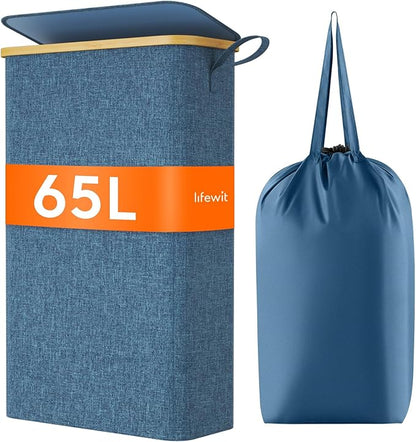 Lifewit 65L Slim Laundry Hamper with Lid, Narrow Laundry Basket with Removable Bag & Bamboo Handles, Fodable Thin Dirty Clothes Hamper for Laundry Collapsible Bin for Bathroom Bedroom Dorm, Dark Blue