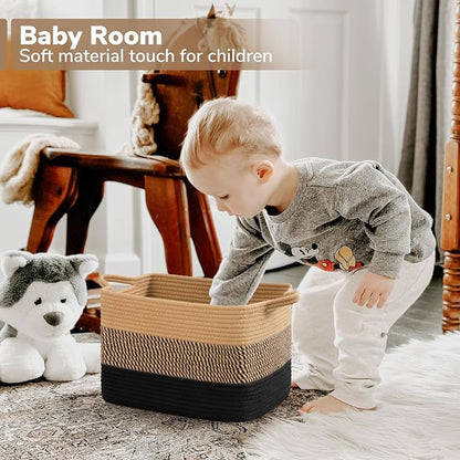 Goodpick Woven Storage Baskets for Organizing, Cotton Rope Organizer for Living Room Bedroom, 13"x10"x9" Rectangle Dog Toy Basket with Handles, Stylish Gift Baskets Empty, Black & Jute