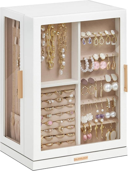 360° Rotating Jewelry Box with 7 Drawers, Spacious Vertical Jewelry Organizer with Glass Window, Jewelry Storage Case, Dustproof & Moisture-resistant Design, White