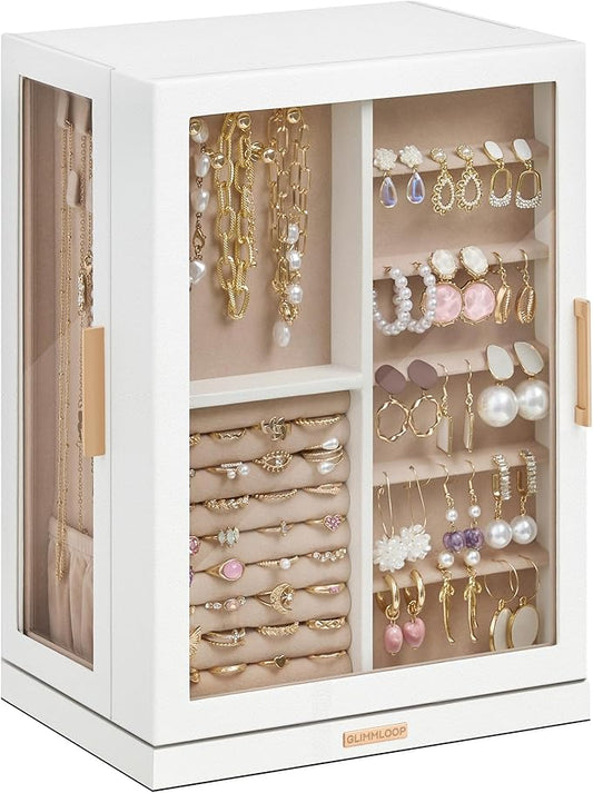 Glimmloop 360° Rotating Jewelry Box with 7 Drawers, Spacious Vertical Jewelry Organizer with Glass Window, Jewelry Storage Case, Dustproof & Moisture-resistant Design, White