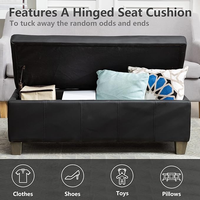 41" Storage Ottoman, Storage Bench with Safety Hinge, Upholstered Synthetic Leather Ottoman Bench for Bedroom, Living Room, Entryway, Hallway, Foot Rest, Support 500lbs, Black